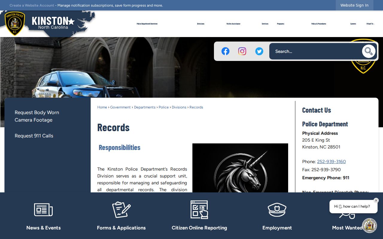 Kinston Police Department criminal records division page
