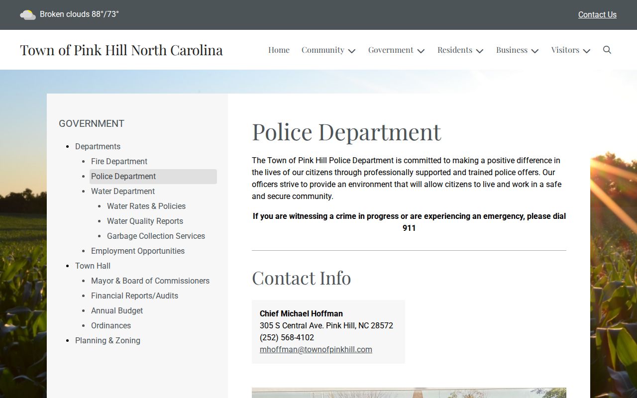 Pink Hill Police Department criminal records contact page